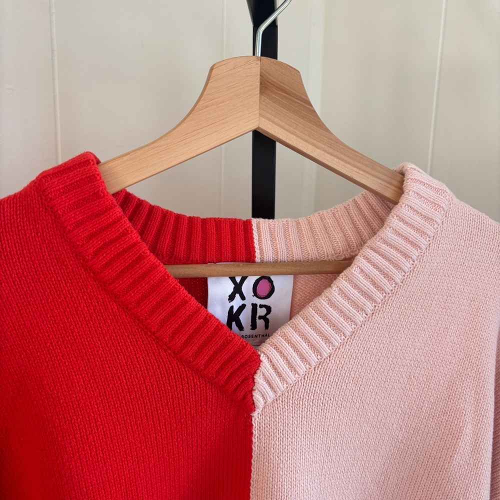 XOKR Kerri Rosenthal Women’s S Heart Colorblock V-Neck Knit Sweater Pullover NWT - Picture 2 of 11